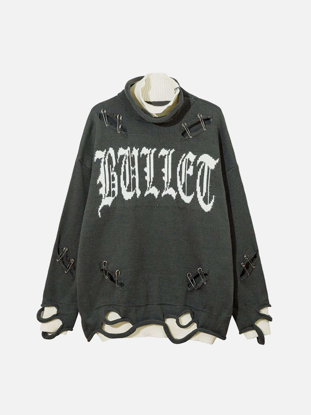 Gray sweater with bold "Bullet" text, featuring pin details and layered look by TALISHKO.