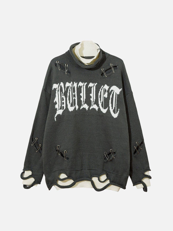 Gray sweater with bold "Bullet" text, featuring pin details and layered look by TALISHKO.