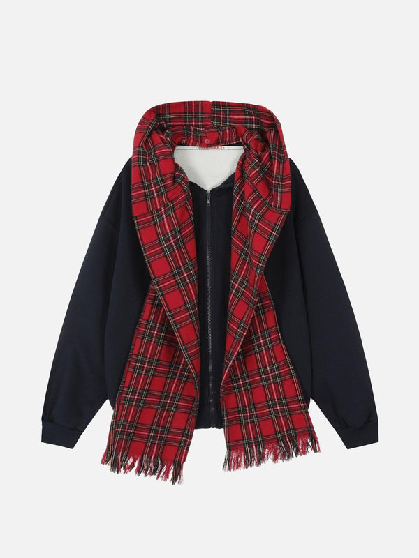 Front view of a black hoodie with a red plaid scarf detail by TALISHKO, perfect for urban style.