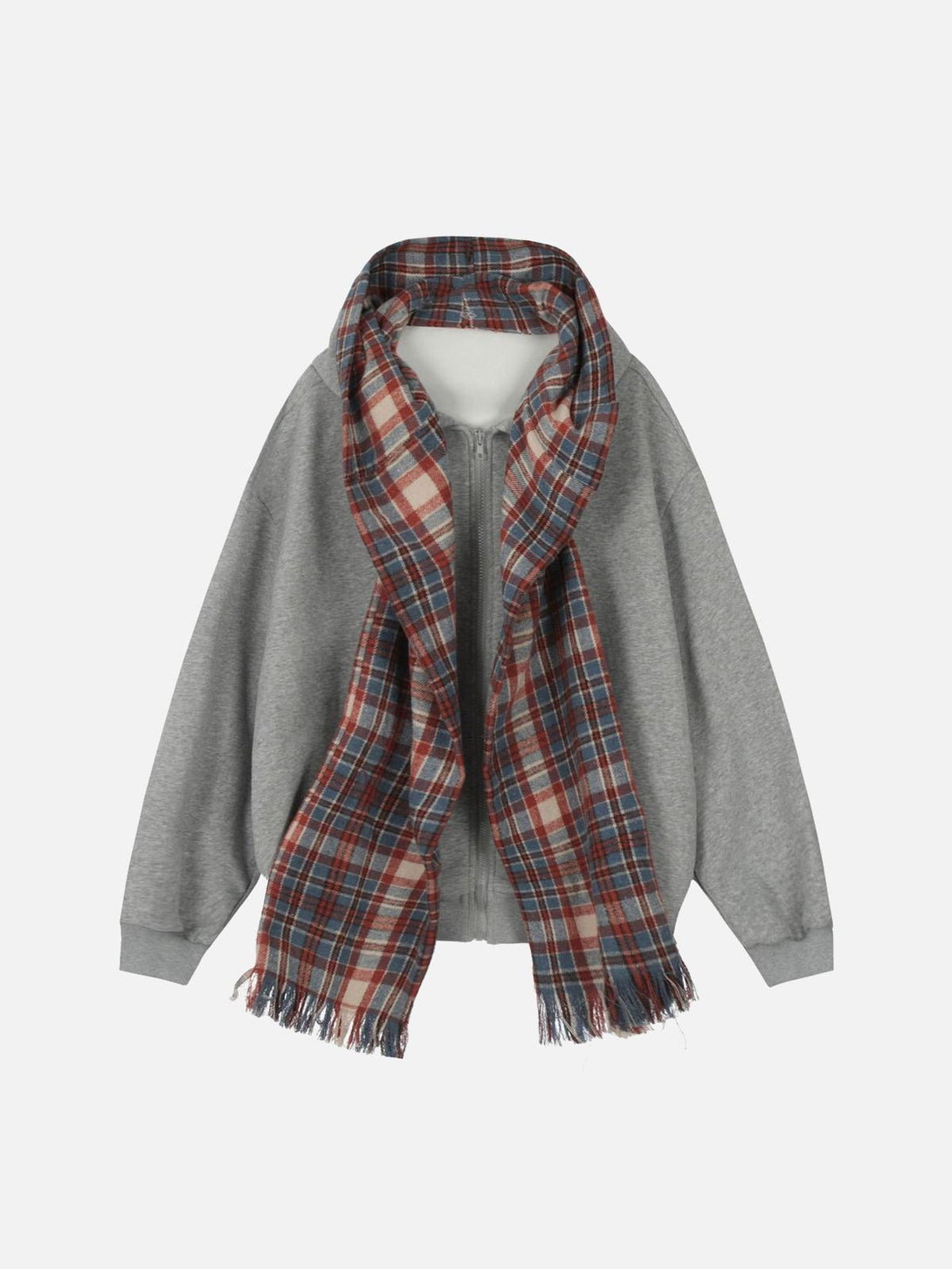 Front view of a gray hoodie with a plaid scarf detail by TALISHKO, adding a stylish touch.