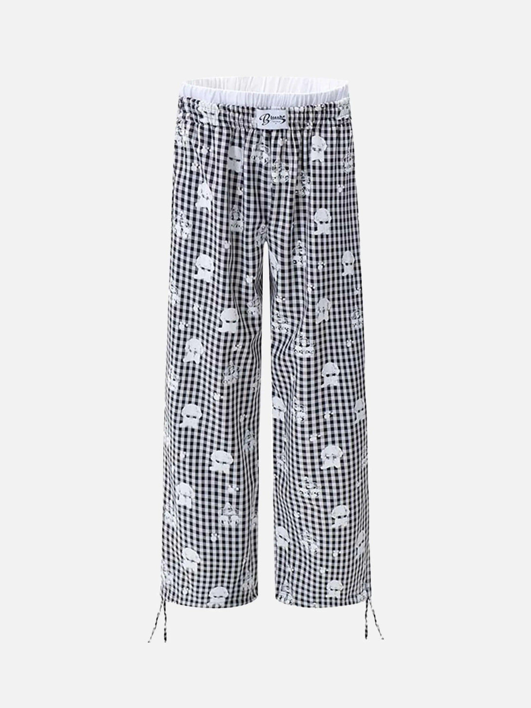 Front view of checkered plaid sweatpants by TALISHKO, featuring a playful print design.