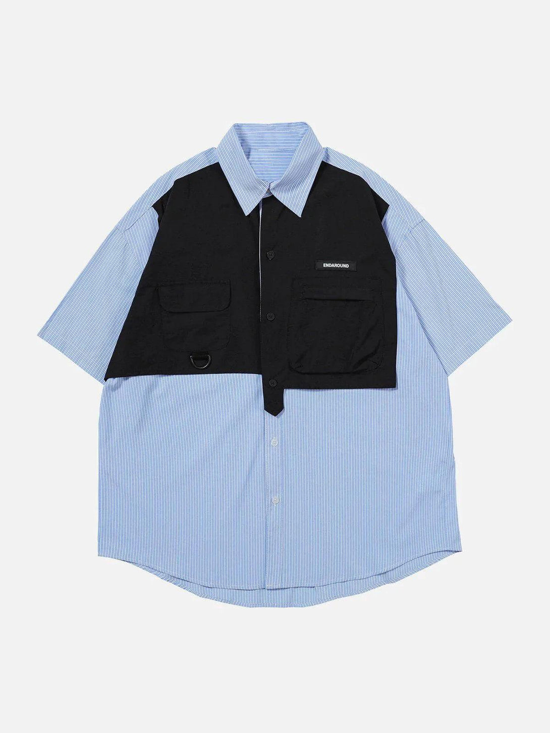Front view of a blue patchwork short sleeve shirt by TALISHKO, featuring a unique layered design.