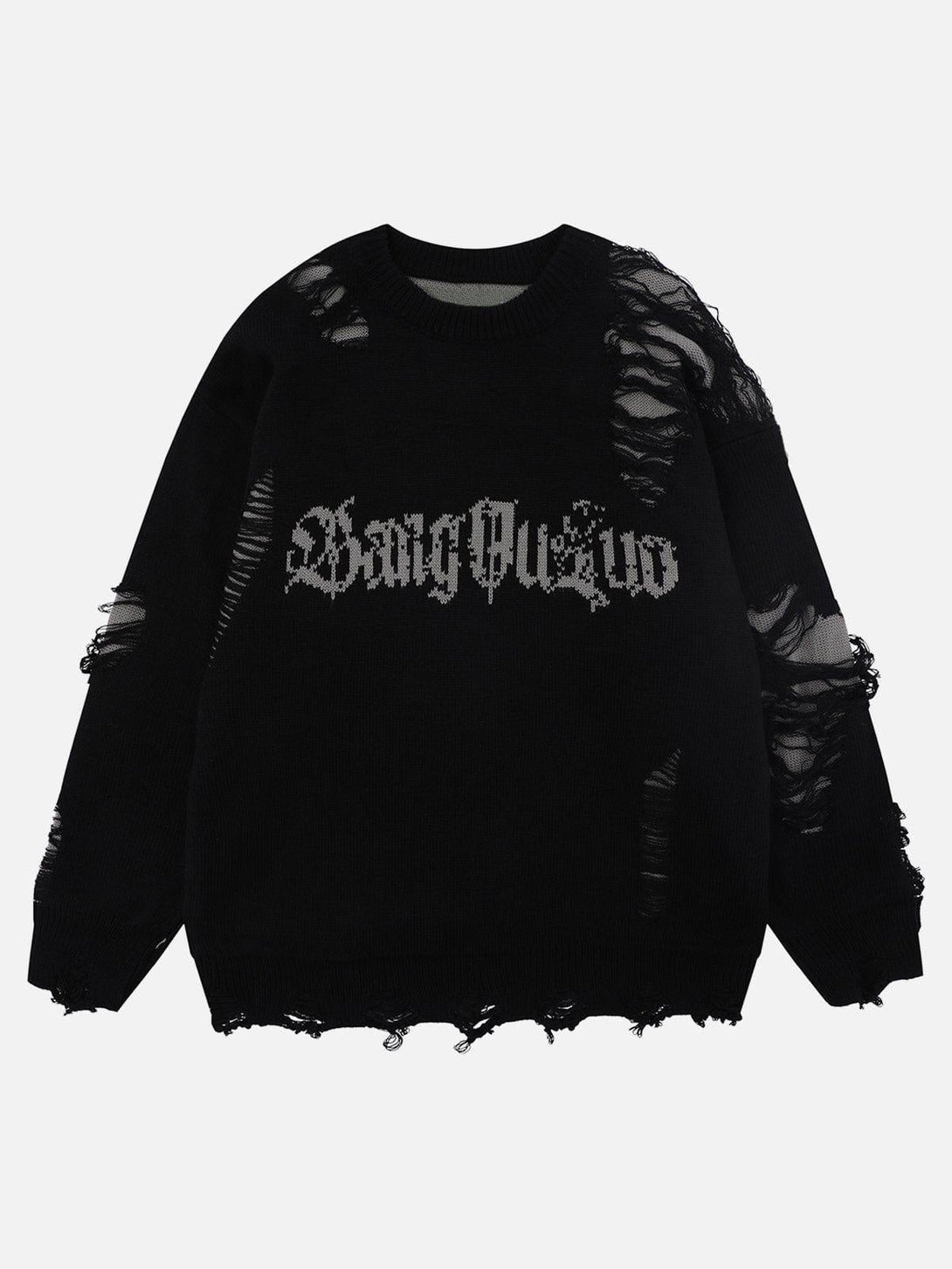 Front view of a black TALISHKO sweater with distressed details and bold street style elements.