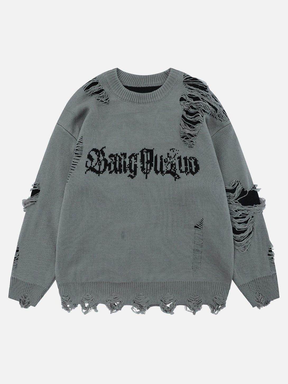 Front view of a gray TALISHKO ripped sweater, featuring bold distressed details and edgy style.