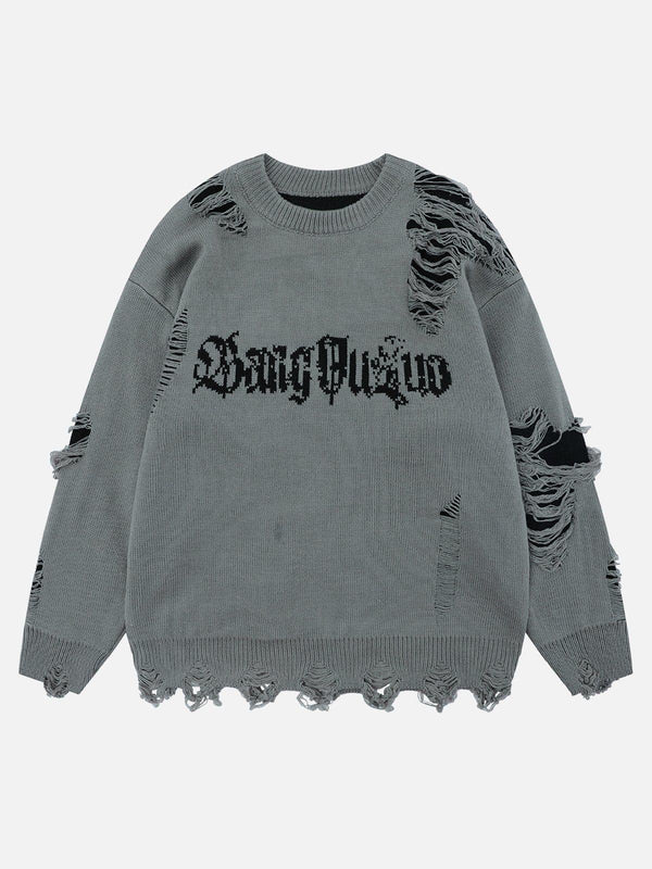 Front view of a gray TALISHKO ripped sweater, featuring bold distressed details and edgy style.