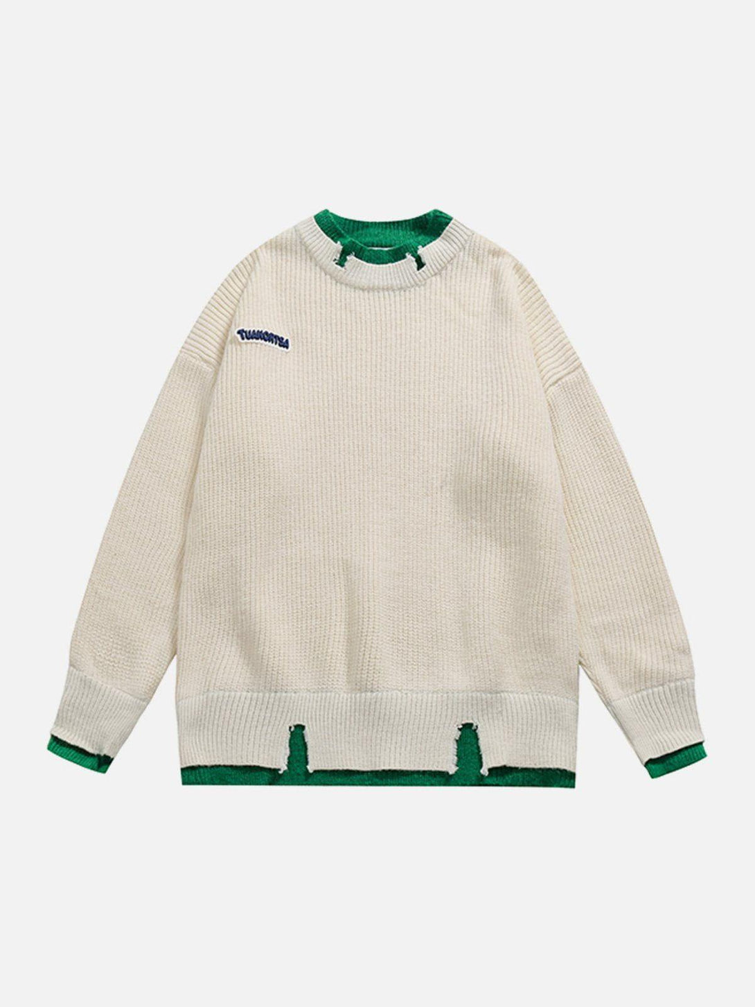 Front view of a white fake two sweater by TALISHKO, featuring green accents and a street-inspired design.