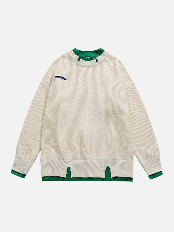 Front view of a white fake two sweater by TALISHKO, featuring green accents and a street-inspired design.