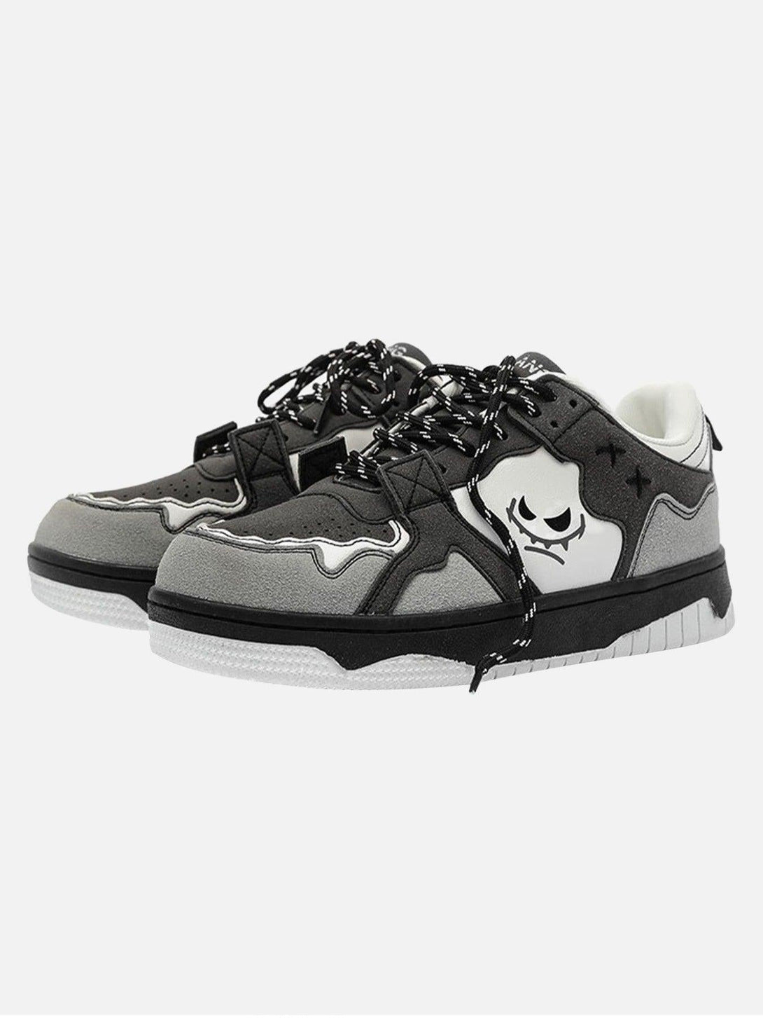 Front view of gray sports board shoes by TALISHKO with bold black and white detailing.