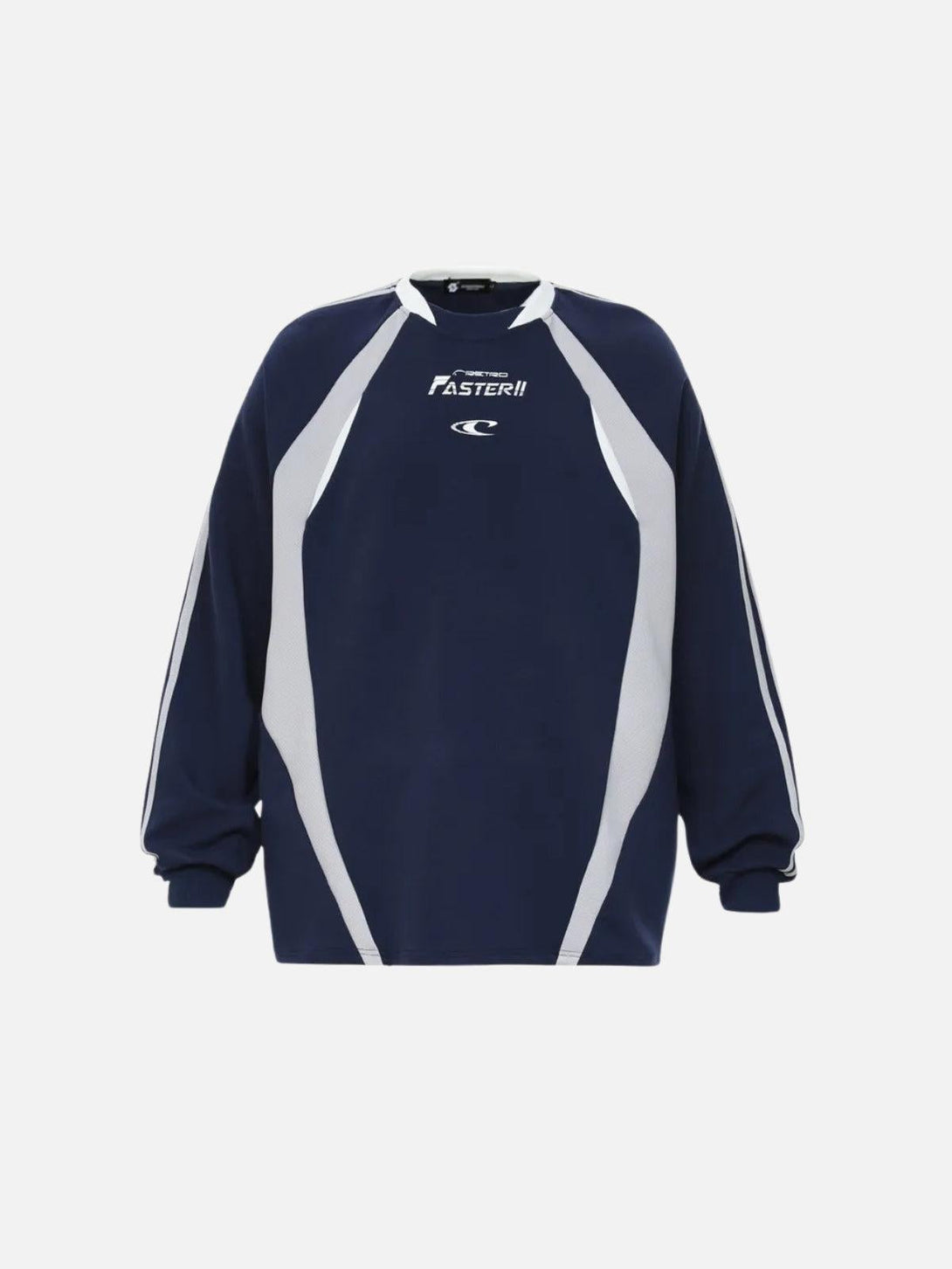 Front view of blue TALISHKO sweatshirt featuring Faster letter print design in a sporty style.