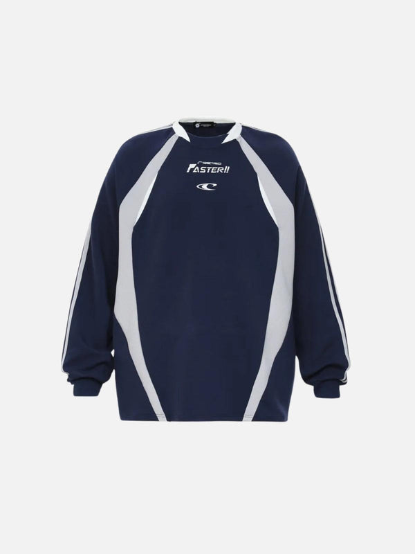 Front view of blue TALISHKO sweatshirt featuring Faster letter print design in a sporty style.
