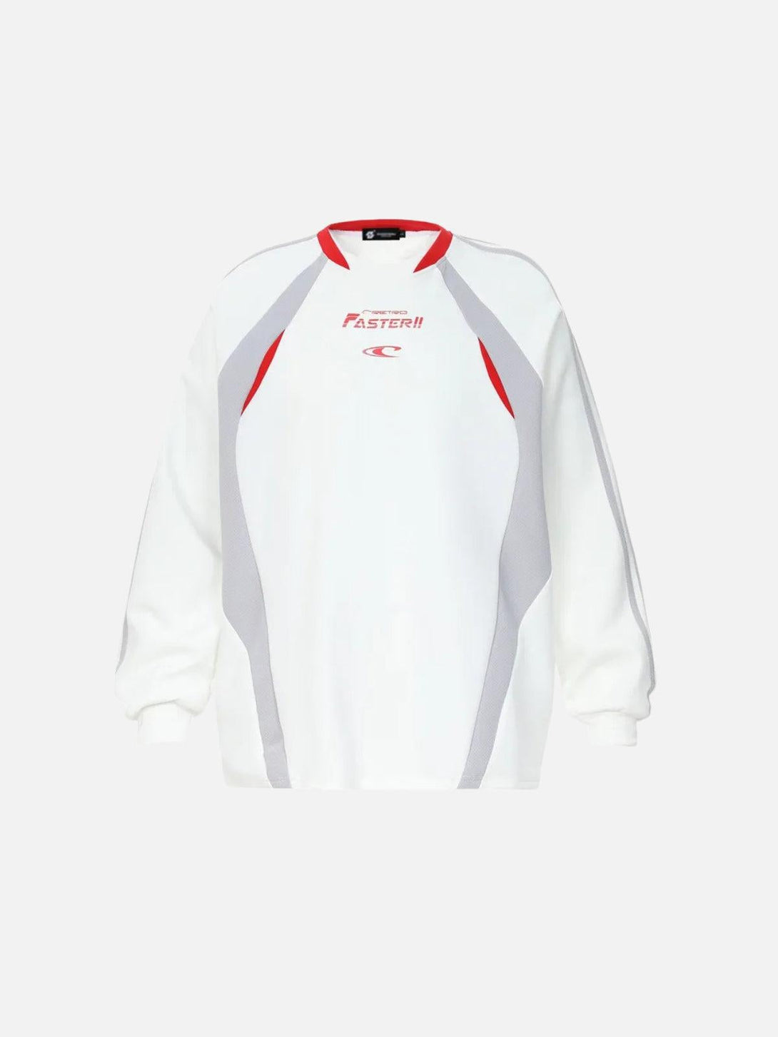 Front view of white TALISHKO sweatshirt with sporty "Faster" print and red accents.