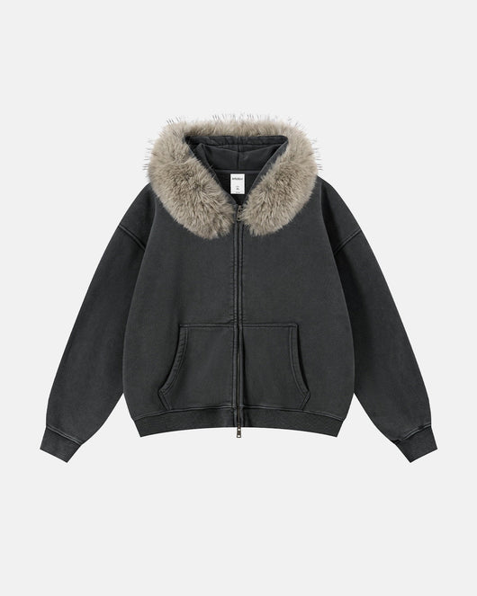 Fur-Trim Hood Fleece-Lined Zip Hoodie | TALISHKO