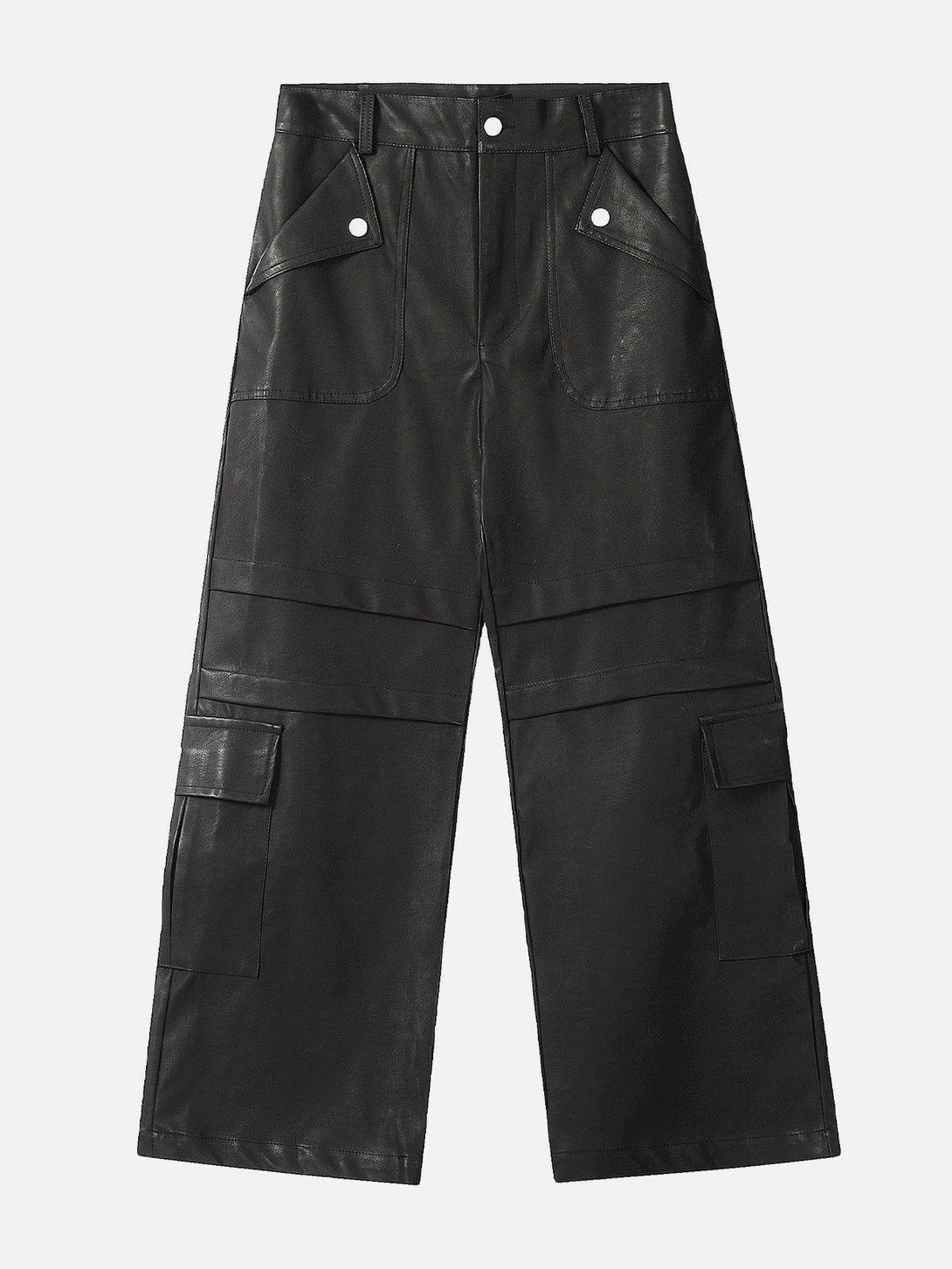 Front view of black faux leather cargo pants featuring stylish pockets by TALISHKO.