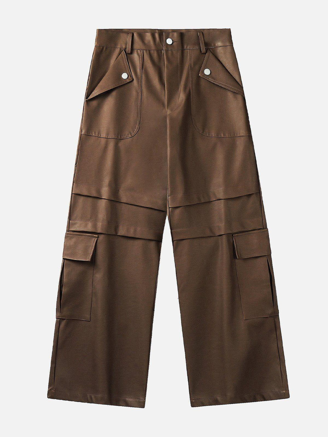 Brown faux leather cargo pants by TALISHKO, front view with stylish pocket details.
