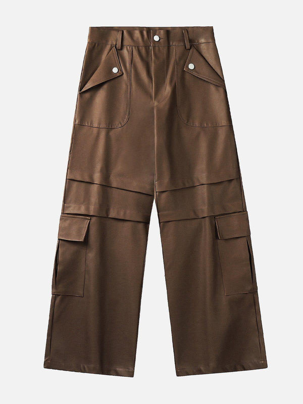 Brown faux leather cargo pants by TALISHKO, front view with stylish pocket details.