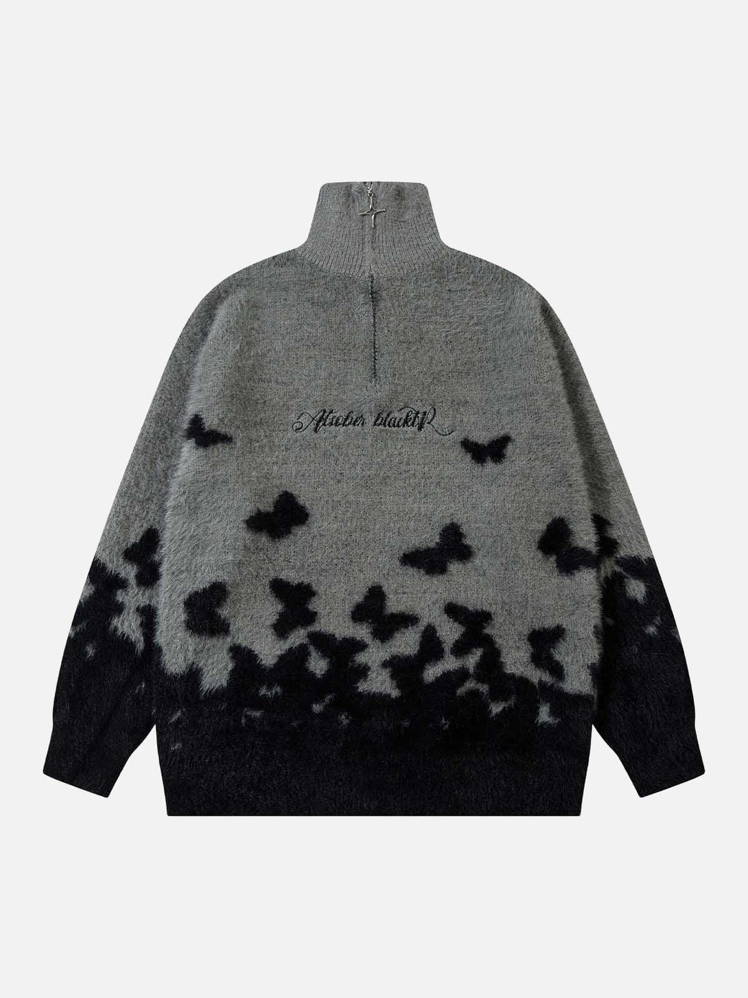 TALISHKO gray sweater with butterfly pattern, featuring a zip-up turtleneck in the front view.
