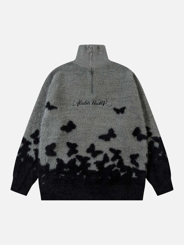 TALISHKO gray sweater with butterfly pattern, featuring a zip-up turtleneck in the front view.