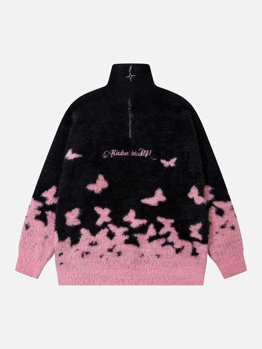 TALISHKO pink and black sweater with butterfly pattern, featuring a zip-up turtleneck front view.