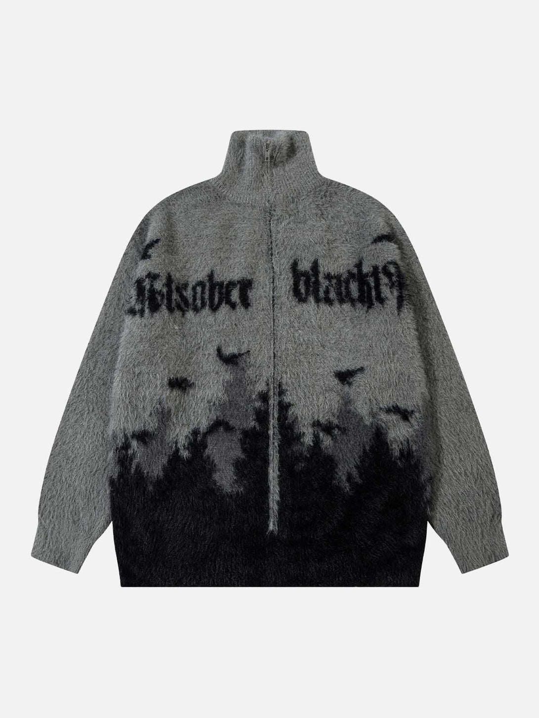 Gray high-collar zipper sweater by TALISHKO featuring a forest and bird design in a cozy knit.