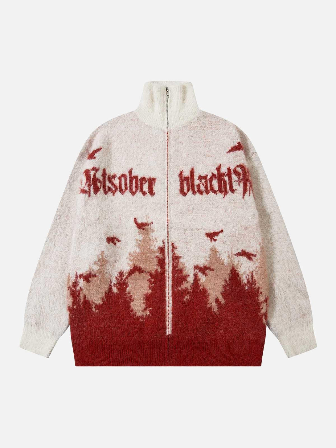 Front view of a white high-collar zipper sweater by TALISHKO with red forest bird design.