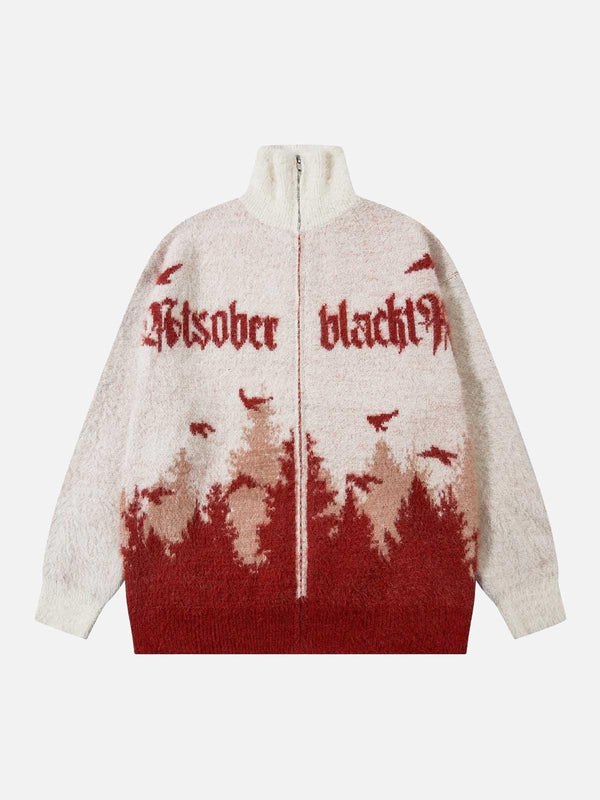 Front view of a white high-collar zipper sweater by TALISHKO with red forest bird design.