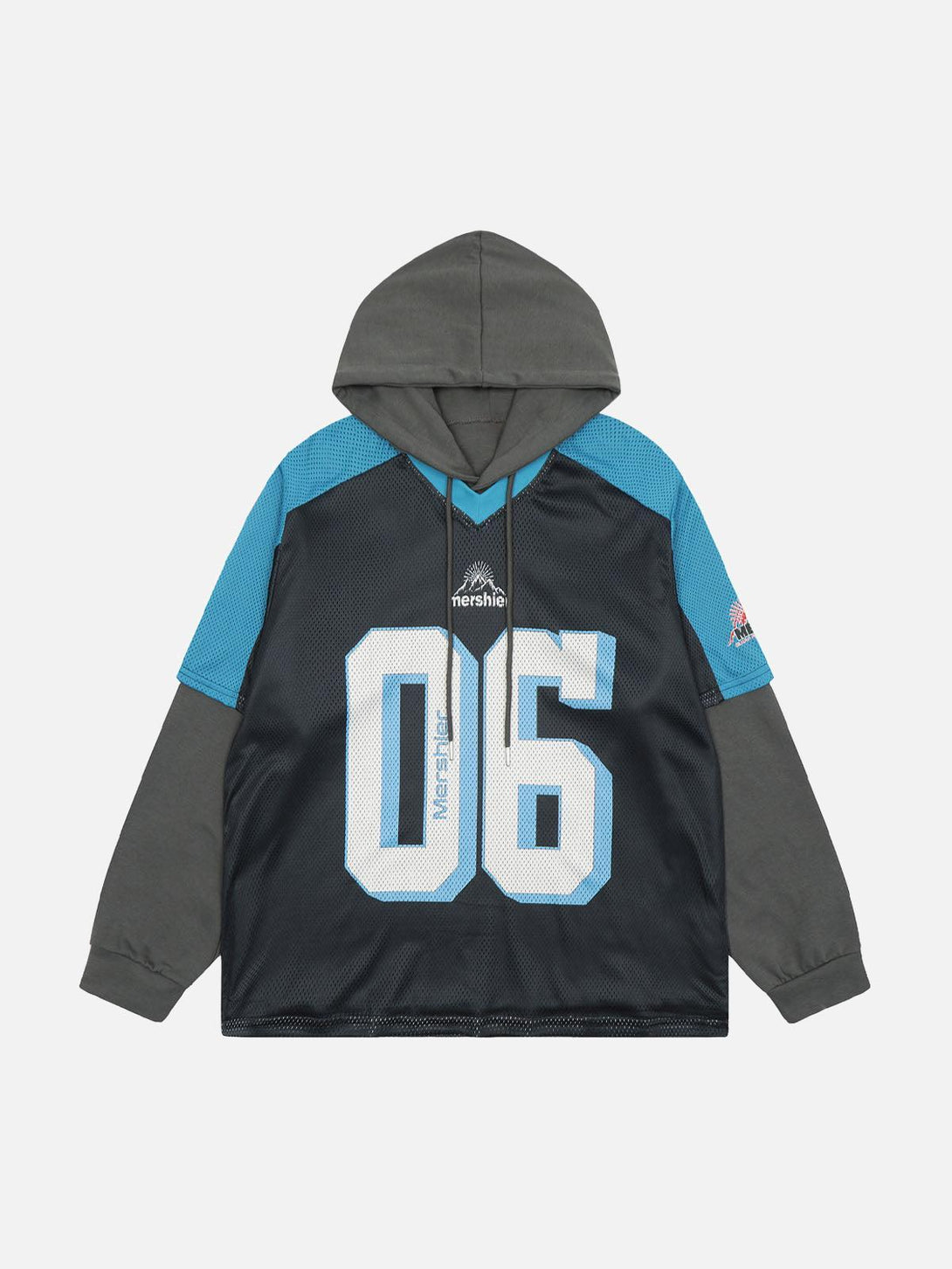 Front view of a blue faux two-piece hoodie by TALISHKO, featuring contrast color stitching.