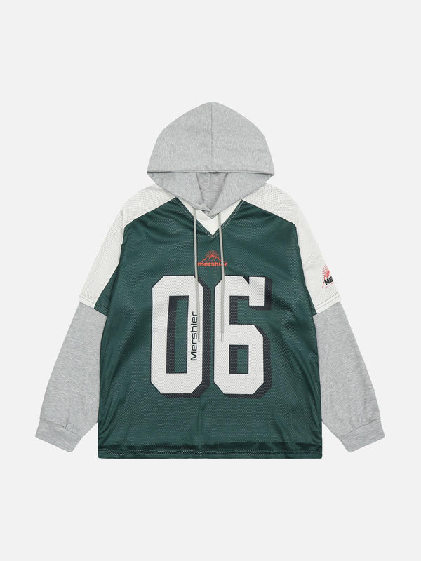 Front view of a green faux two-piece hoodie by TALISHKO, featuring contrast stitching.