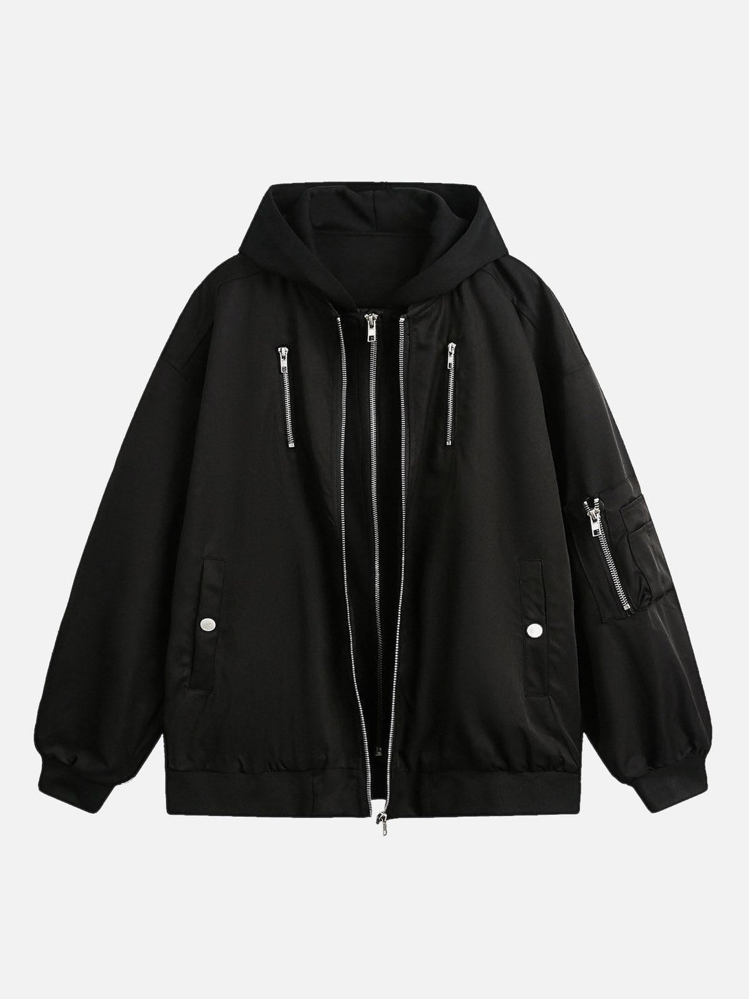Front view of a black hooded bomber jacket by TALISHKO, featuring multiple pockets and zippers.