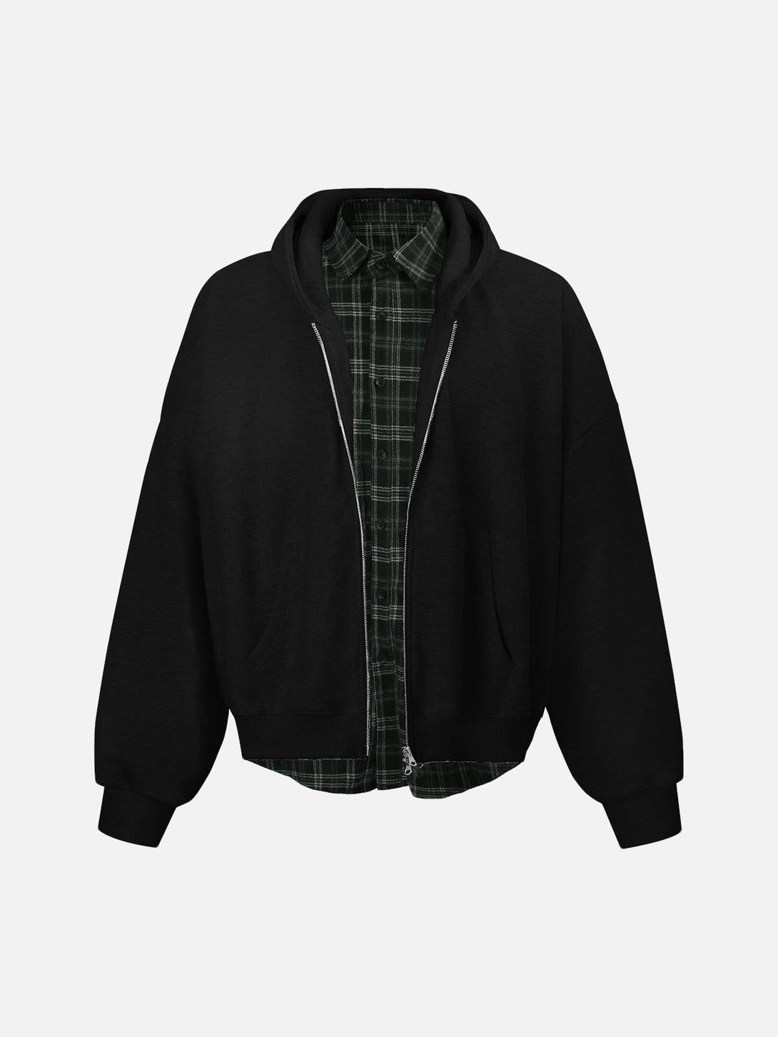 Black plaid fleece hooded jacket by TALISHKO, front view highlighting trendy layered style.