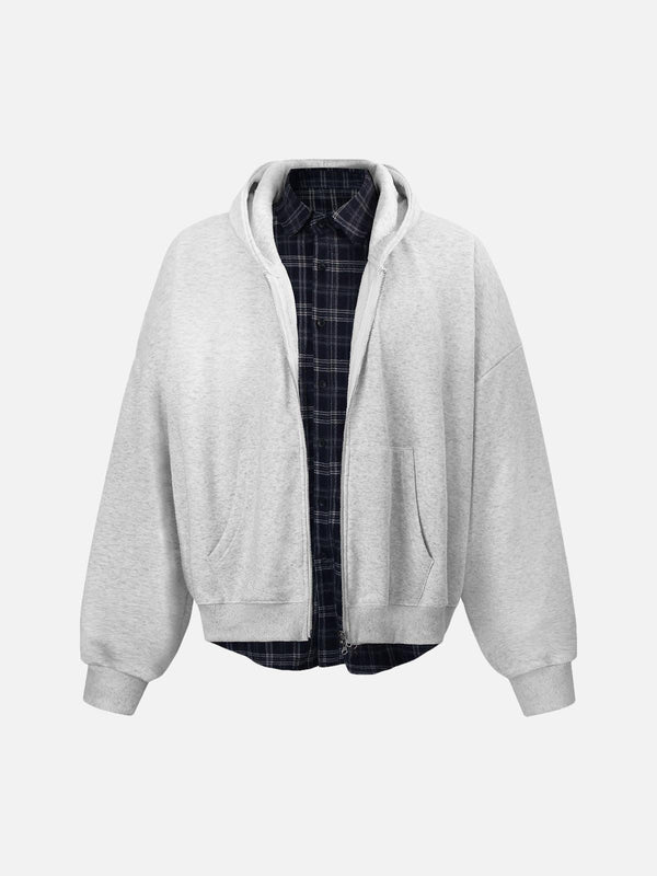 Gray plaid fleece hooded jacket by TALISHKO, front view showcasing stylish streetwear layering.