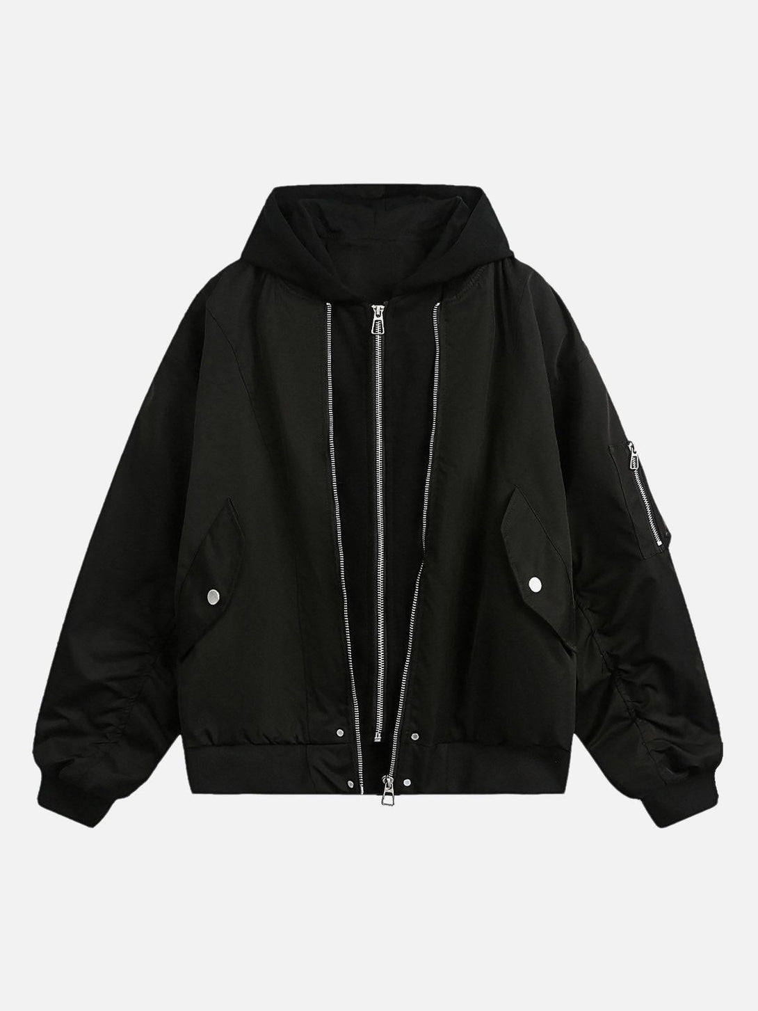 Front view of a black hooded bomber jacket by TALISHKO, featuring a faux two-piece design.