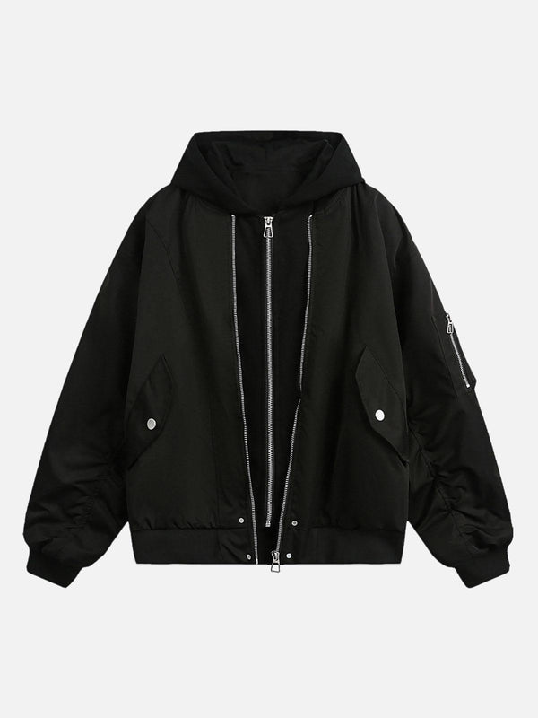 Front view of a black hooded bomber jacket by TALISHKO, featuring a faux two-piece design.