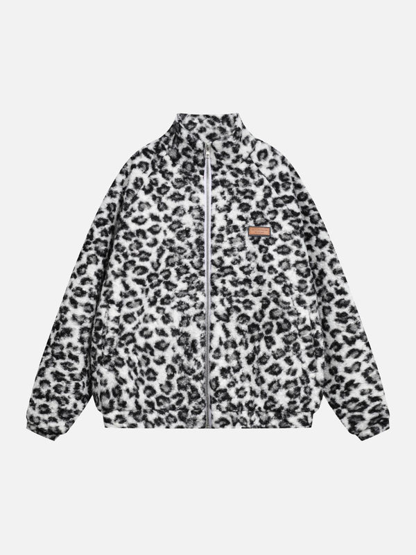 Leopard print jacket by TALISHKO, showcasing a bold streetwear style in black and white.