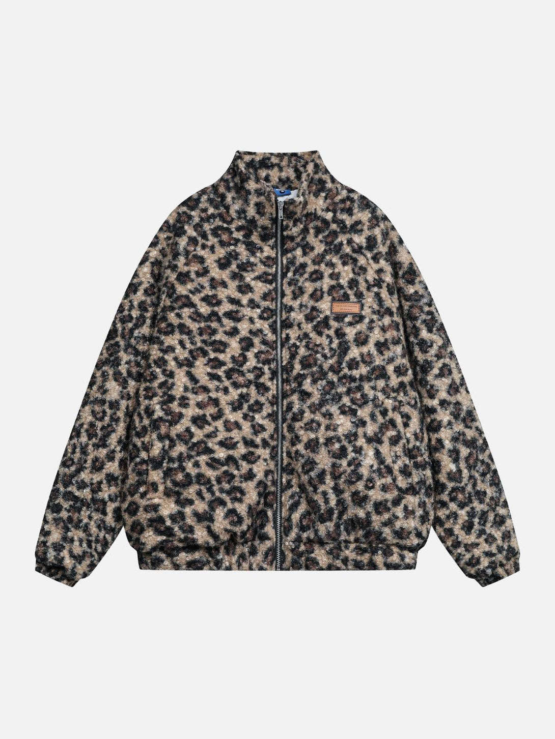 Front view of TALISHKO's fierce leopard jacket in brown, capturing bold streetwear vibes.