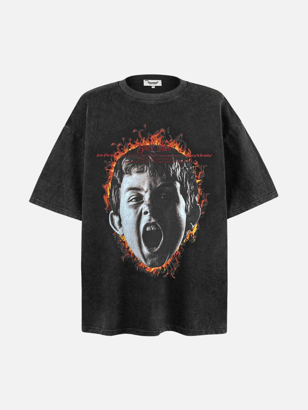 Black vintage wash tee with fiery scream graphic, front view by TALISHKO.