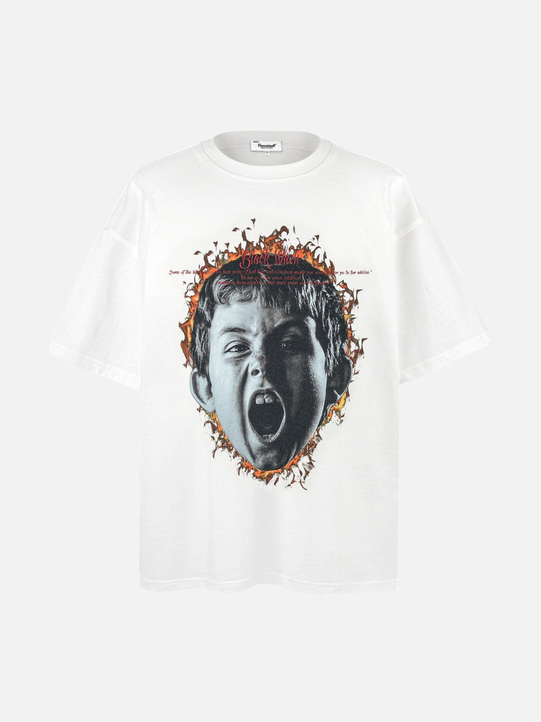 White vintage tee featuring a fiery scream graphic, front view by TALISHKO.