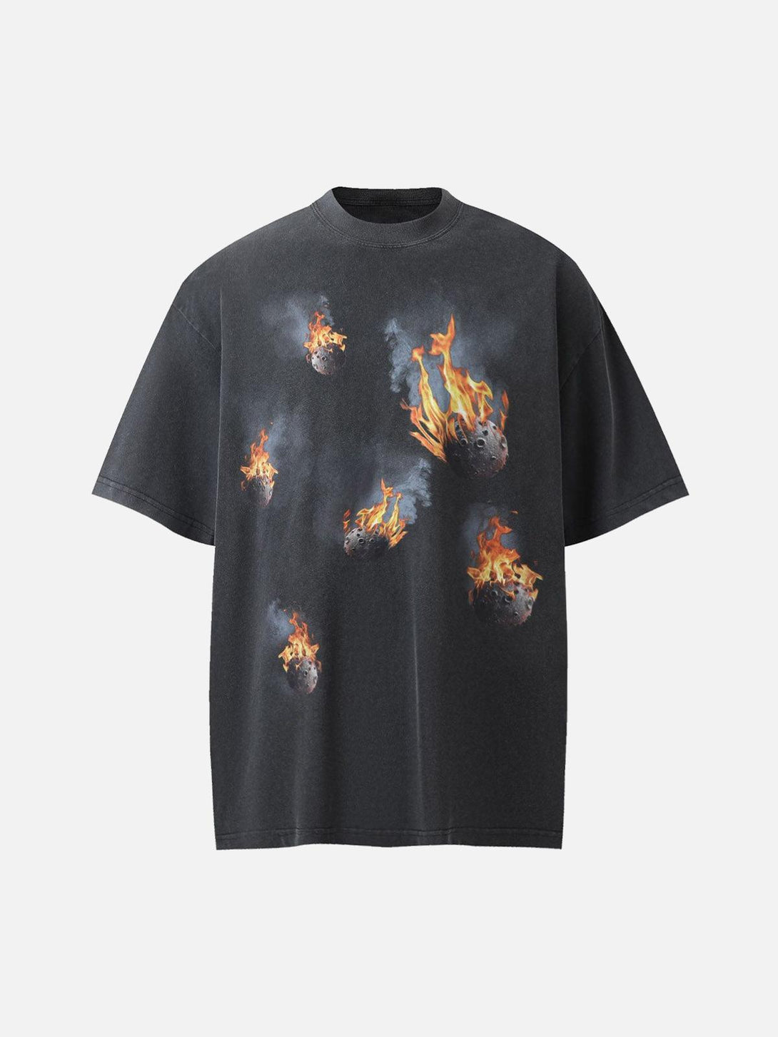 Front view of a black oversized T-shirt with fireball graphics by TALISHKO, perfect for bold style.