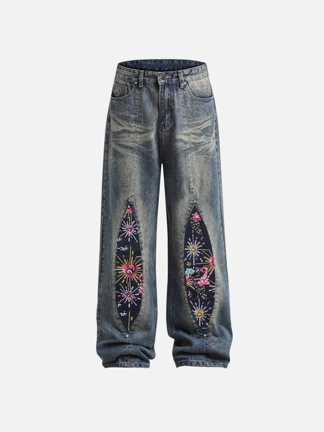 Front view of TALISHKO loose blue jeans with vibrant firework beadwork detail.