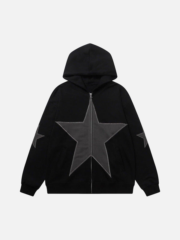 Black five-pointed zipper hoodie by TALISHKO, showcasing bold star designs on the front.