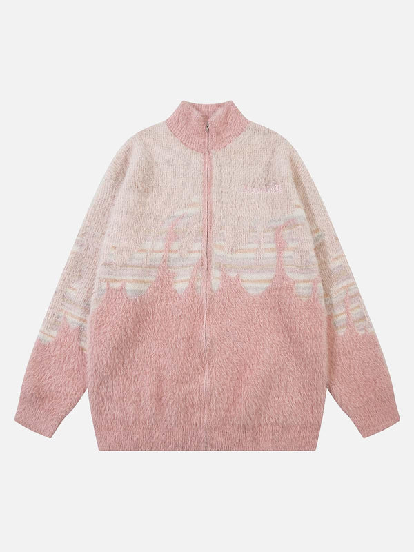 Front view of a pink fuzzy zipper sweater with flame embroidery by TALISHKO. Cozy and stylish.