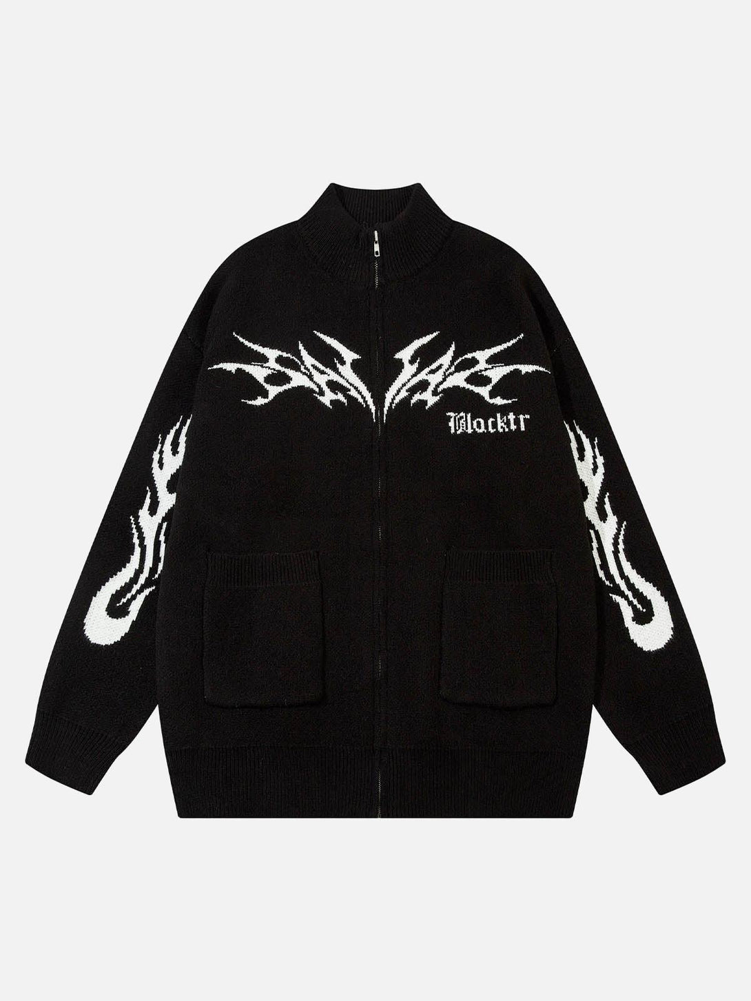 Front view of a black zip-up mock neck sweater by TALISHKO featuring white flame designs.