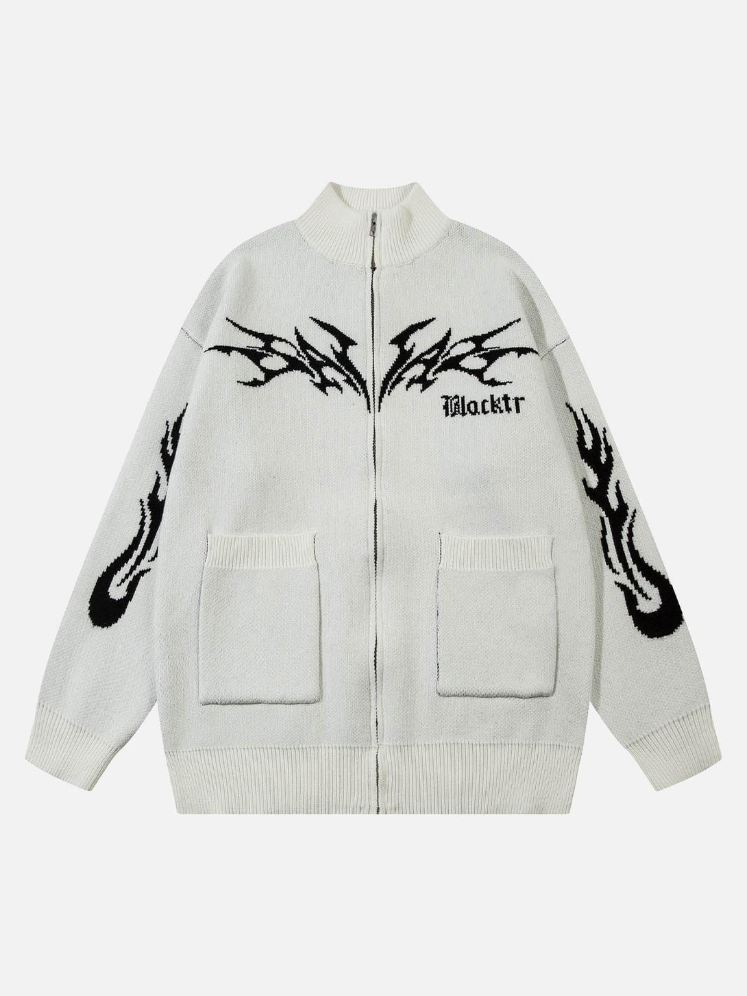 Front view of a white zip-up mock neck sweater by TALISHKO with flame patterns.