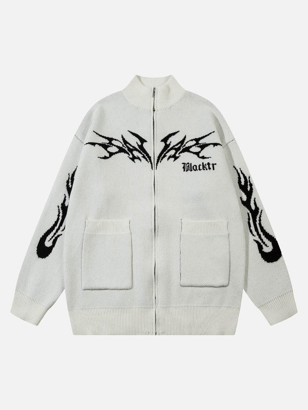 Front view of a white zip-up mock neck sweater by TALISHKO with flame patterns.