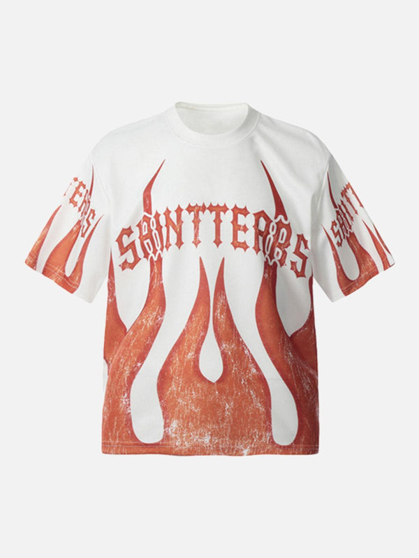 Front view of a white flame graphic crew neck t-shirt by TALISHKO, ideal for summer style.