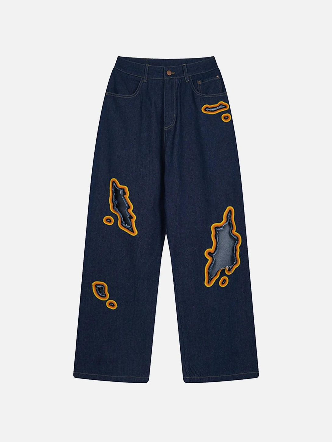 Front view of blue flame-scarred embroidered jeans by TALISHKO, featuring unique cut-out details.