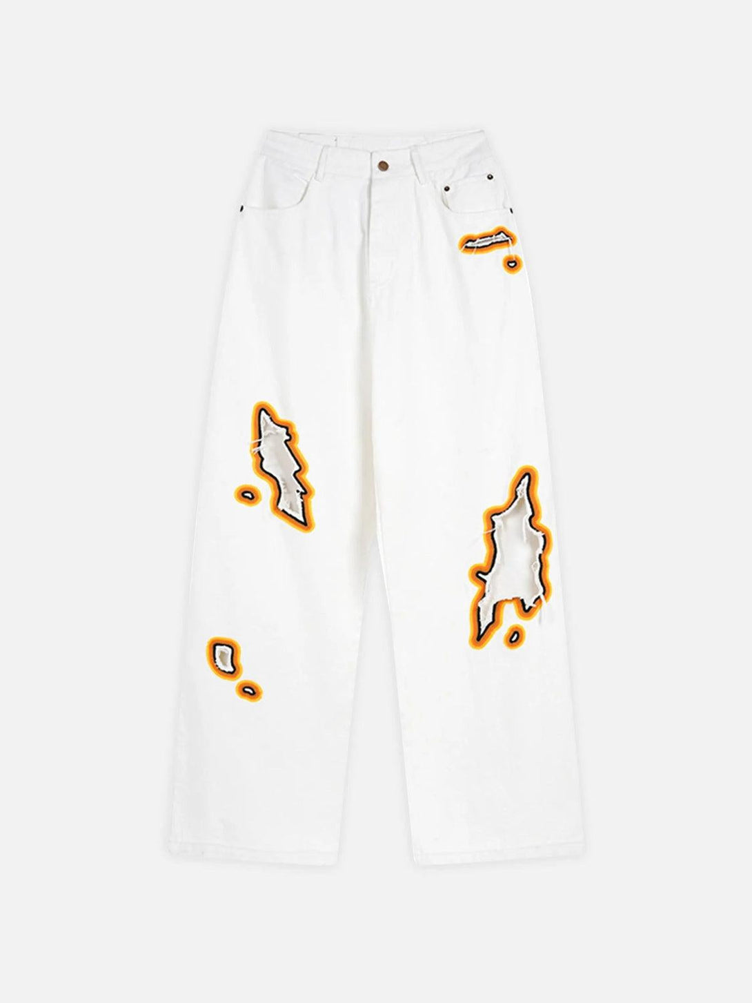 Front view of white flame-scarred embroidered jeans by TALISHKO, showcasing bold cut-out designs.