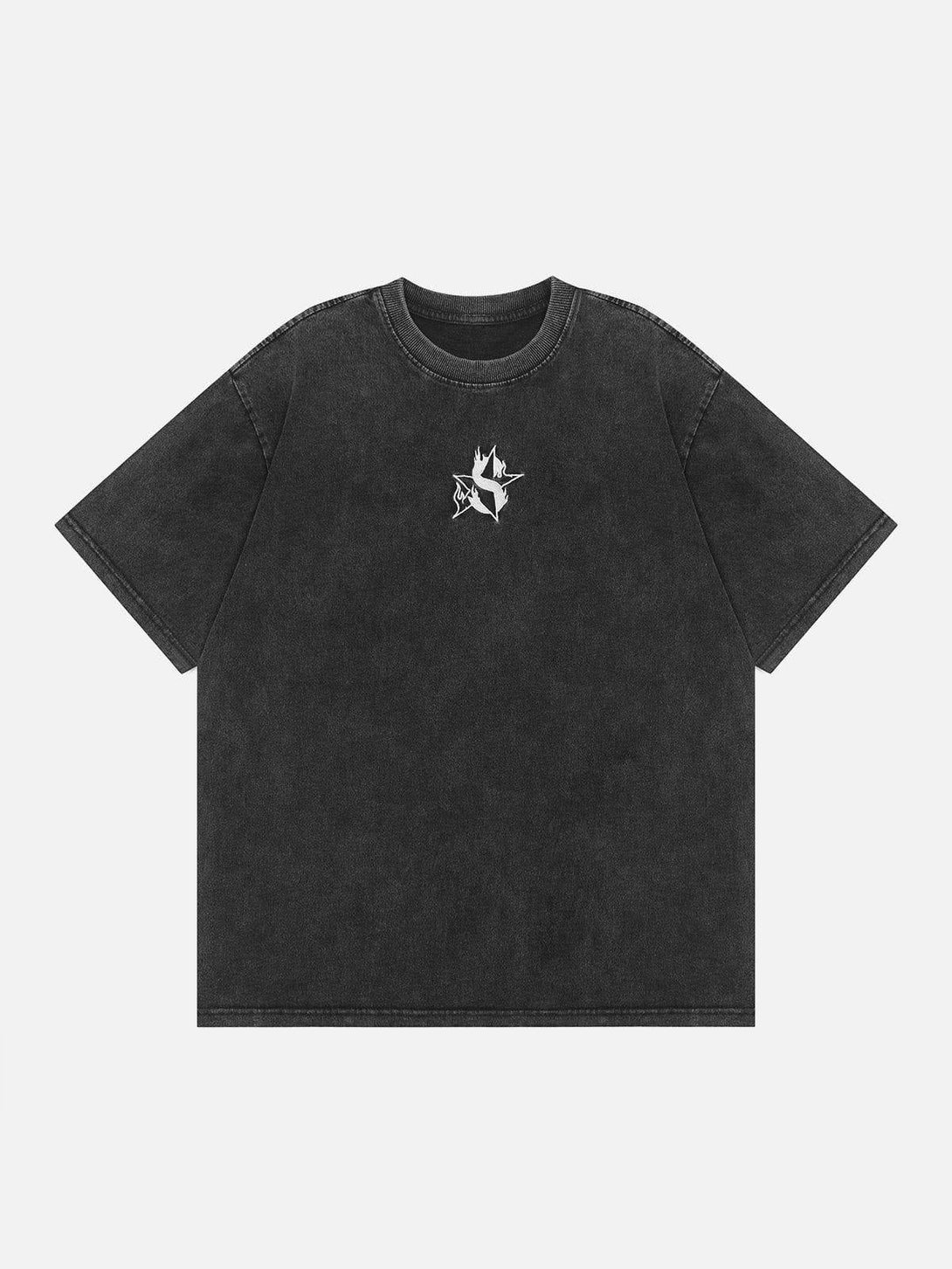 Front view of a black washed tee with a flame star print by TALISHKO, perfect for casual style.