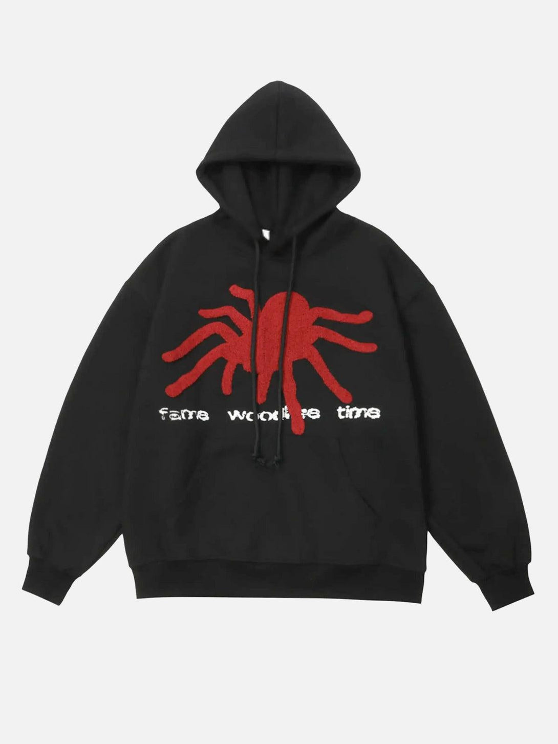 Black hoodie with a red spider design by TALISHKO, front view showcasing bold street style.