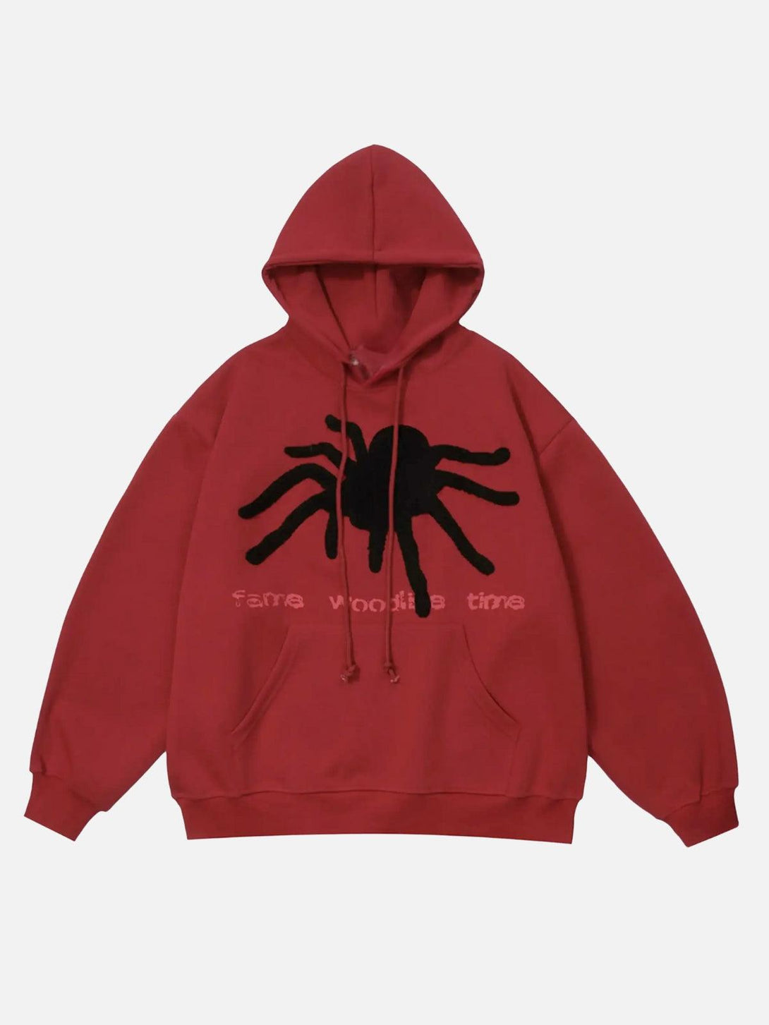Red hoodie featuring a black spider design by TALISHKO, front view highlighting urban style.