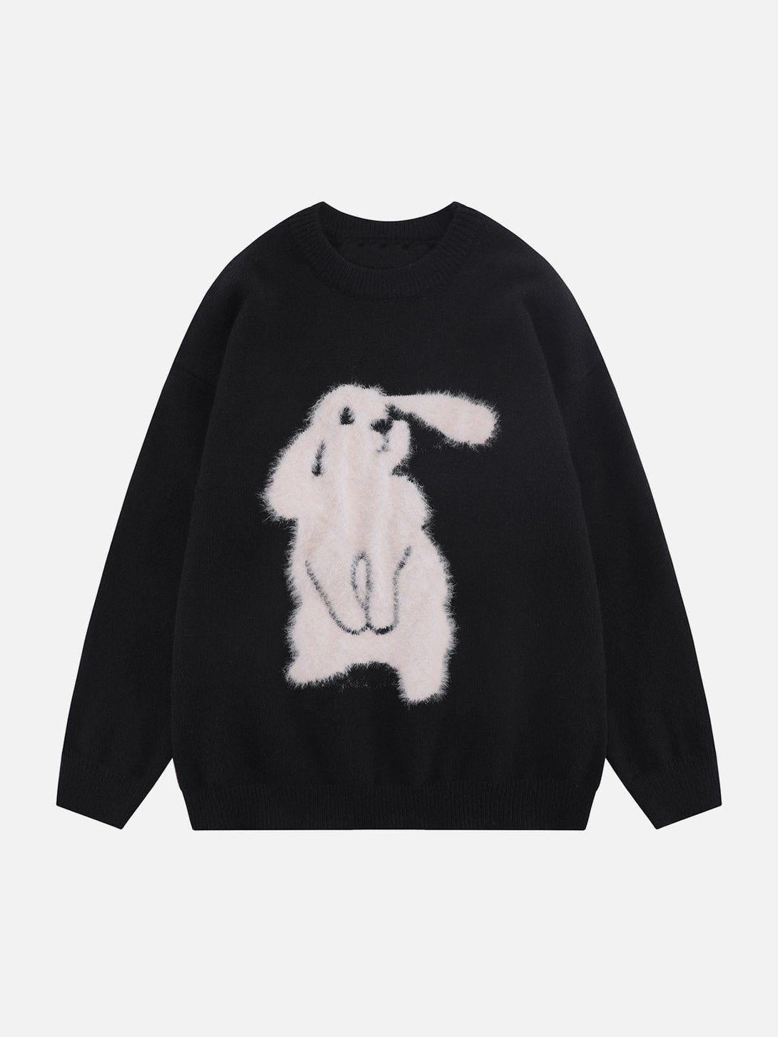 Front view of a black Flocking Bunny Sweater by TALISHKO, featuring a fluffy white bunny design.